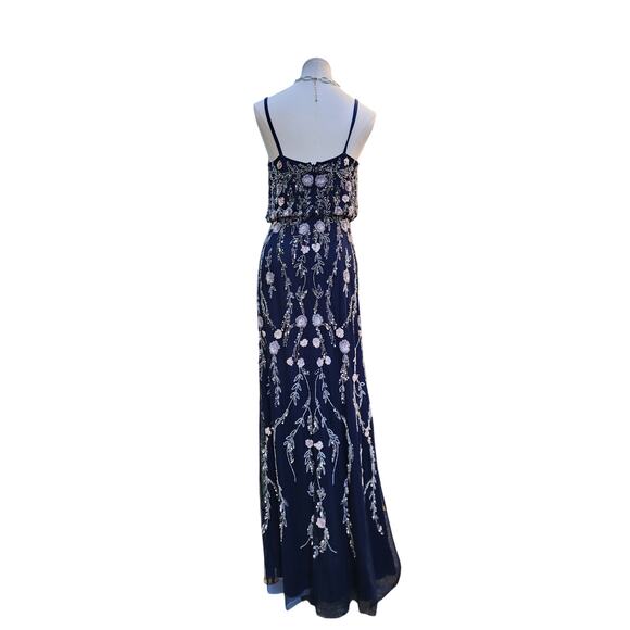 Adrianna Papell Navy Blue Blouson Floral Beaded V-Neck Formal Maxi Dress Sz 4 - Picture 6 of 8